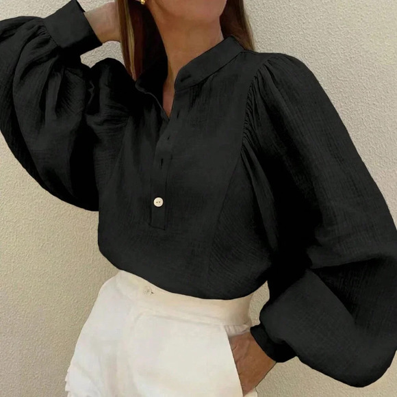 Black Casual Women's Plain Button Up Half Placket Lantern Sleeve Blouse - Picture 3 of 3